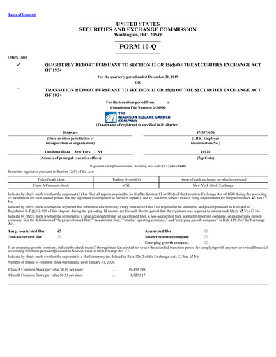 Miniature Madison Square Garden Sports Rapport trimestriel 2020-q2