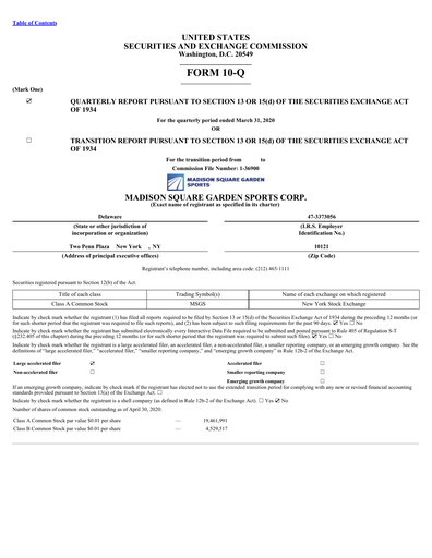 Miniature Madison Square Garden Sports Rapport trimestriel 2020-q3