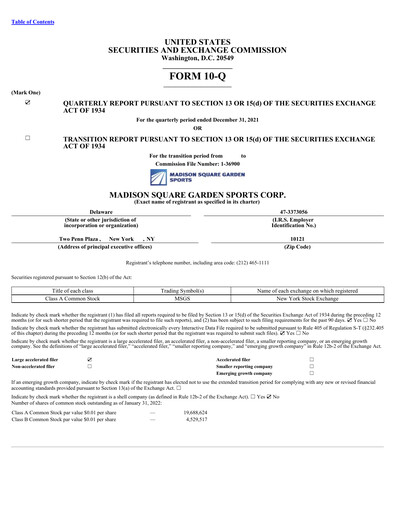 Miniature Madison Square Garden Sports Rapport trimestriel 2022-q2