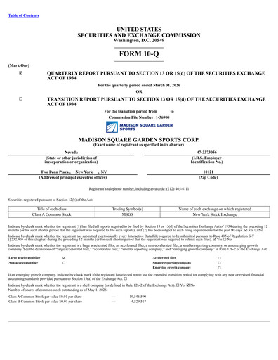 Miniature Madison Square Garden Sports Rapport trimestriel 2026-q3