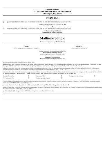 Thumbnail Mallinckrodt Pharmaceuticals
 Quarterly Report 2025-q3