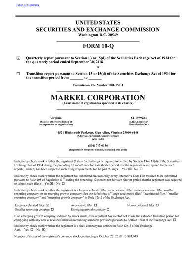 Thumbnail Markel Group Quarterly Report 2018-q3