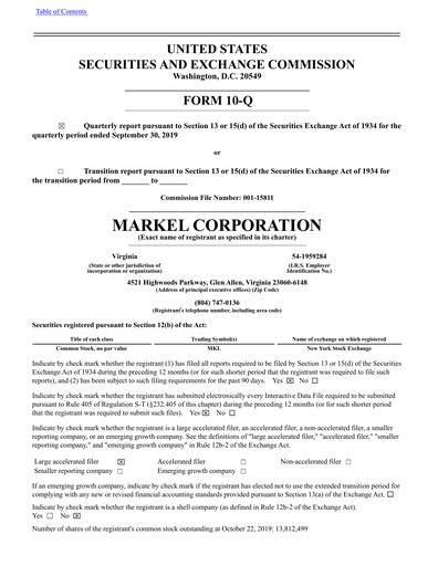 Thumbnail Markel Group Quarterly Report 2019-q3