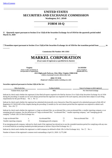 Thumbnail Markel Group Quarterly Report 2020-q1