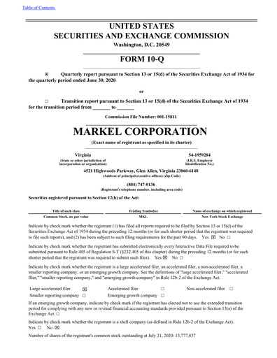 Thumbnail Markel Group Quarterly Report 2020-q2