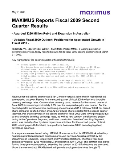 Thumbnail Maximus Quarterly Report 2009-q2