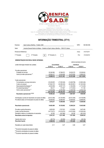 Thumbnail Sport Lisboa e Benfica Quarterly Report 2011-q3