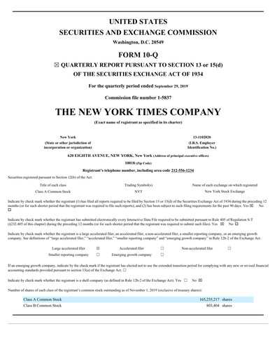Thumbnail New York Times Quarterly Report 2019-q3