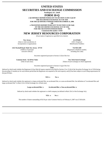 Thumbnail New Jersey Resources Quarterly Report 2007-q1