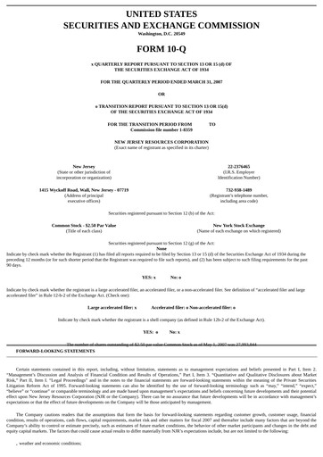 Thumbnail New Jersey Resources Quarterly Report 2007-q2