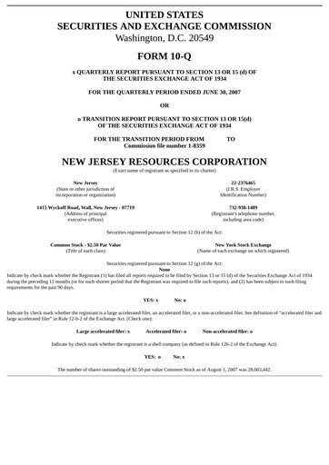 Thumbnail New Jersey Resources Quarterly Report 2007-q3