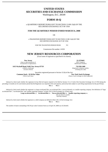 Thumbnail New Jersey Resources Quarterly Report 2008-q2