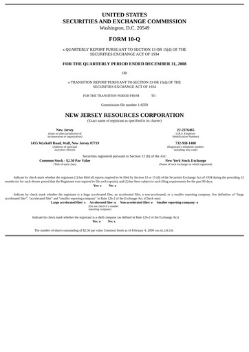 Thumbnail New Jersey Resources Quarterly Report 2009-q1