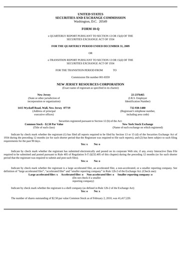 Thumbnail New Jersey Resources Quarterly Report 2010-q1