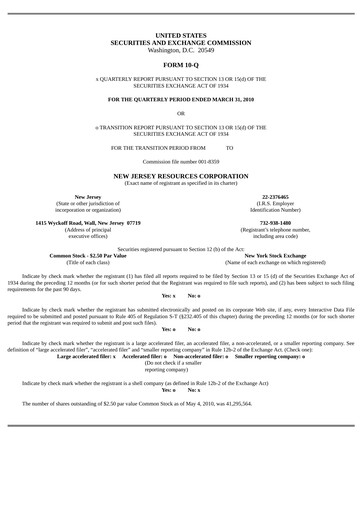 Thumbnail New Jersey Resources Quarterly Report 2010-q2