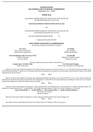 Thumbnail New Jersey Resources Quarterly Report 2010-q3