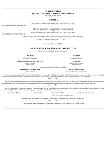 Thumbnail New Jersey Resources Quarterly Report 2011-q1