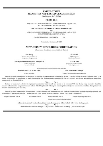 Thumbnail New Jersey Resources Quarterly Report 2011-q2