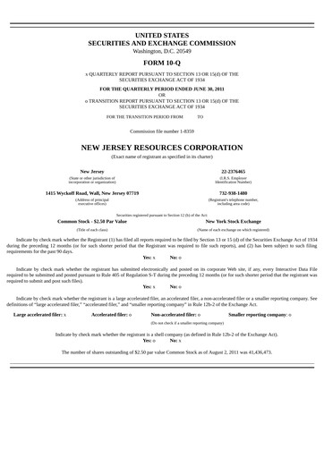 Thumbnail New Jersey Resources Quarterly Report 2011-q3