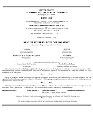 Thumbnail New Jersey Resources Quarterly Report 2014-q3