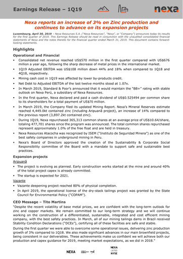 Thumbnail Nexa Resources Quarterly Report 2019-q1