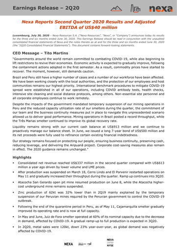 Thumbnail Nexa Resources Quarterly Report 2020-q2