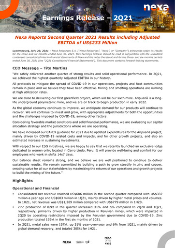 Thumbnail Nexa Resources Quarterly Report 2021-q2