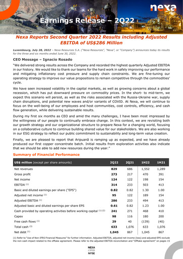 Thumbnail Nexa Resources Quarterly Report 2022-q2