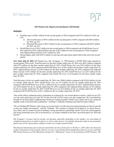 Thumbnail PJT Partners
 Quarterly Report 2016-q2