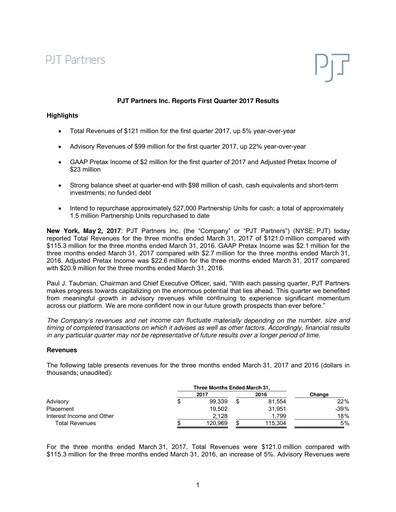 Thumbnail PJT Partners
 Quarterly Report 2017-q1