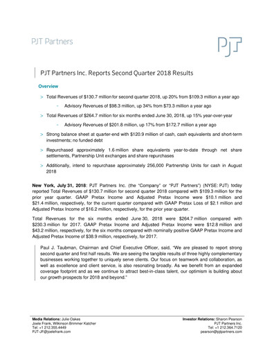 Thumbnail PJT Partners
 Quarterly Report 2018-q2