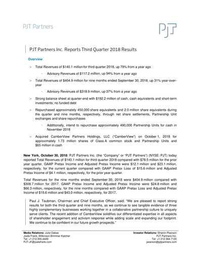 Thumbnail PJT Partners
 Quarterly Report 2018-q3