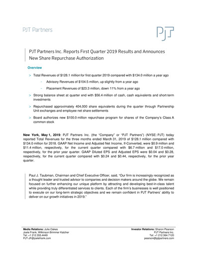 Thumbnail PJT Partners
 Quarterly Report 2019-q1
