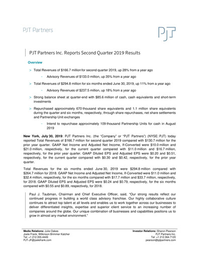 Thumbnail PJT Partners
 Quarterly Report 2019-q2