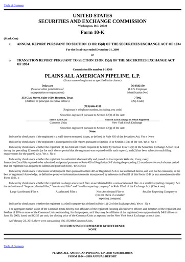 Thumbnail Plains All American Pipeline Annual Report 2009