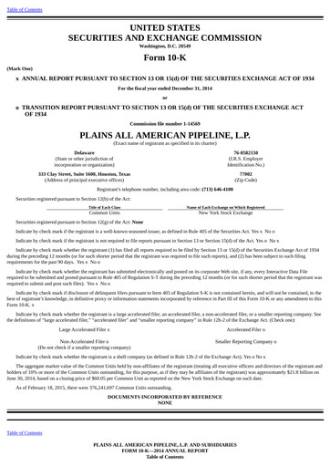 Thumbnail Plains All American Pipeline Annual Report 2014