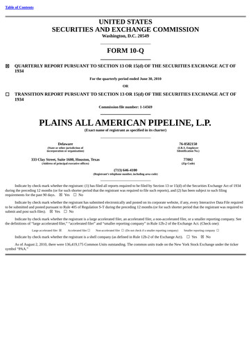 Thumbnail Plains All American Pipeline Quarterly Report 2010-q2