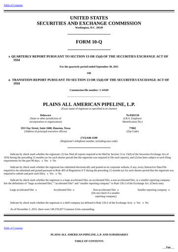 Thumbnail Plains All American Pipeline Quarterly Report 2011-q3