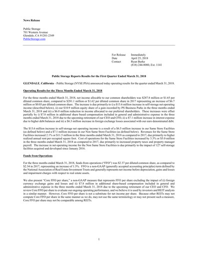 Thumbnail Public Storage Quarterly Report 2018-q1