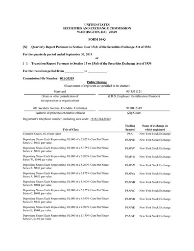 Thumbnail Public Storage Quarterly Report 2019-q3