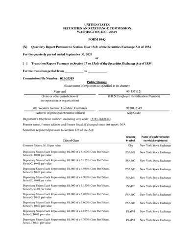 Thumbnail Public Storage Quarterly Report 2020-q3