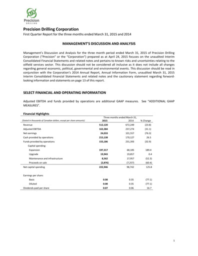 Thumbnail Precision Drilling Corporation Quarterly Report 2015-q1