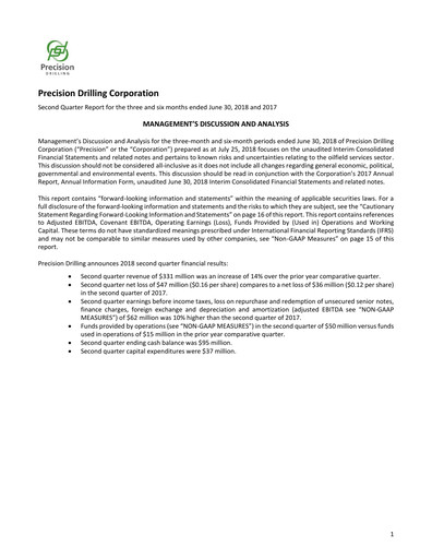 Thumbnail Precision Drilling Corporation Quarterly Report 2018-q2