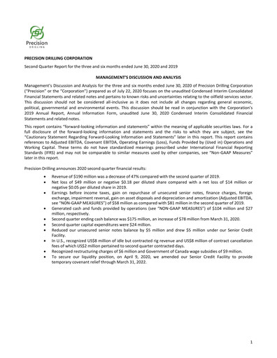 Thumbnail Precision Drilling Corporation Quarterly Report 2020-q2