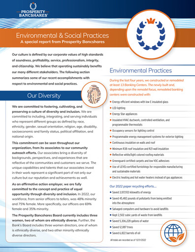 Thumbnail Prosperity Bancshares
 Sustainability Report 2022