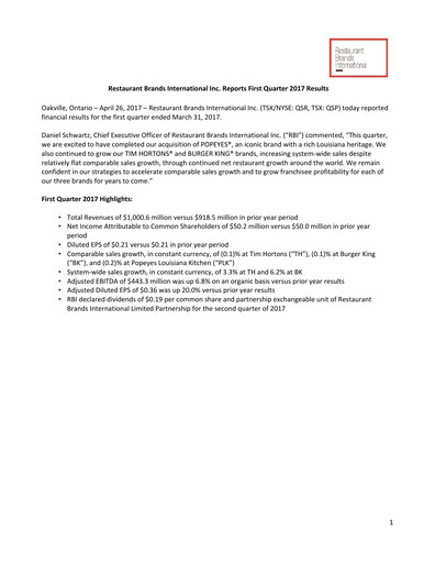 Thumbnail Restaurant Brands International Quarterly Report 2017-q1