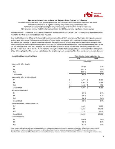 Thumbnail Restaurant Brands International Quarterly Report 2019-q3
