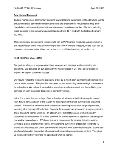 Thumbnail Netflix Quarterly Report 2010-q1