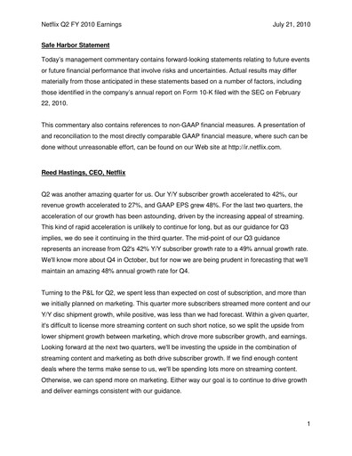 Thumbnail Netflix Quarterly Report 2010-q2