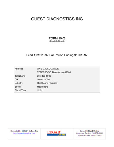 Thumbnail Quest Diagnostics
 Quarterly Report 1997-q3